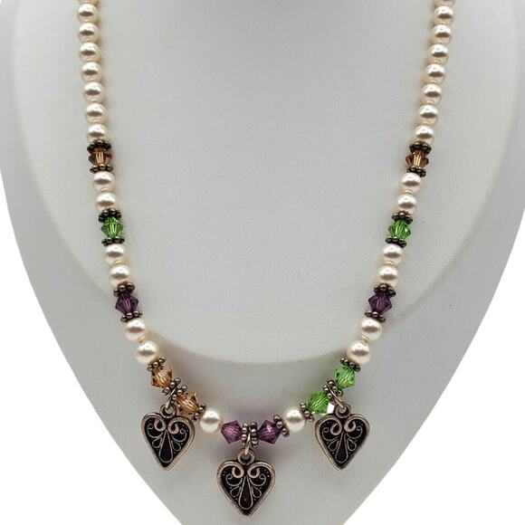 American Vintage Jewelry - Faux Pearl Glass Bead Necklace Silver Heart Charm Boho Artisan Sweetheart Vtg